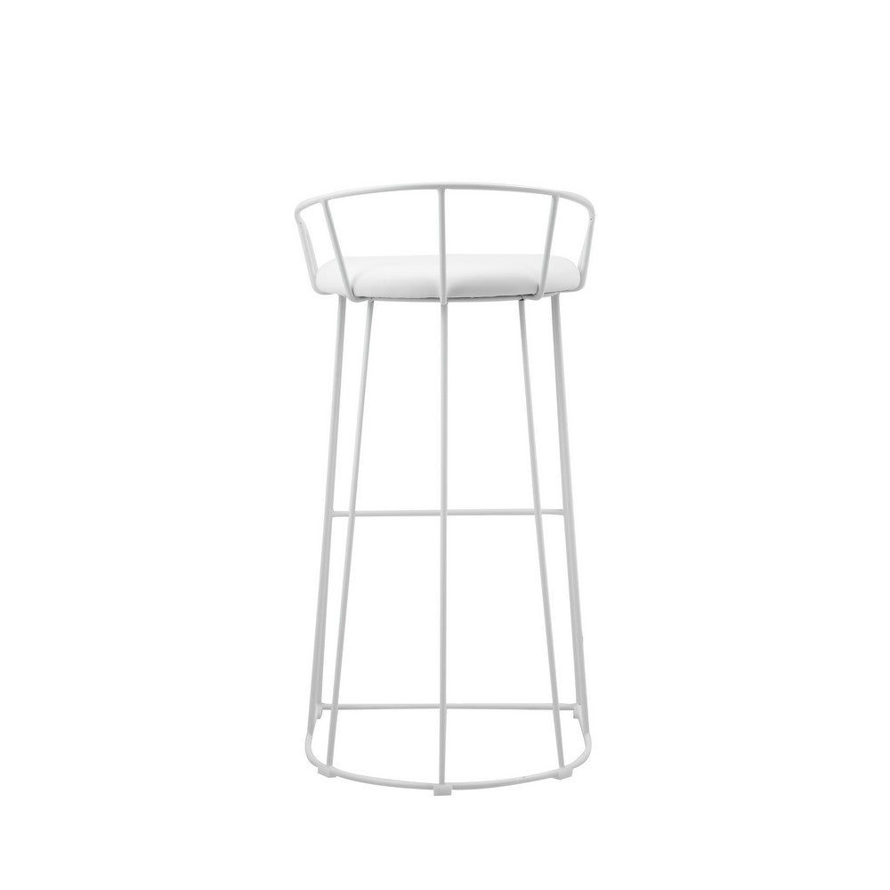 Benjara Cato 31 Inch Barstool, White Faux Leather Set, Low Back, Footrest, Metal