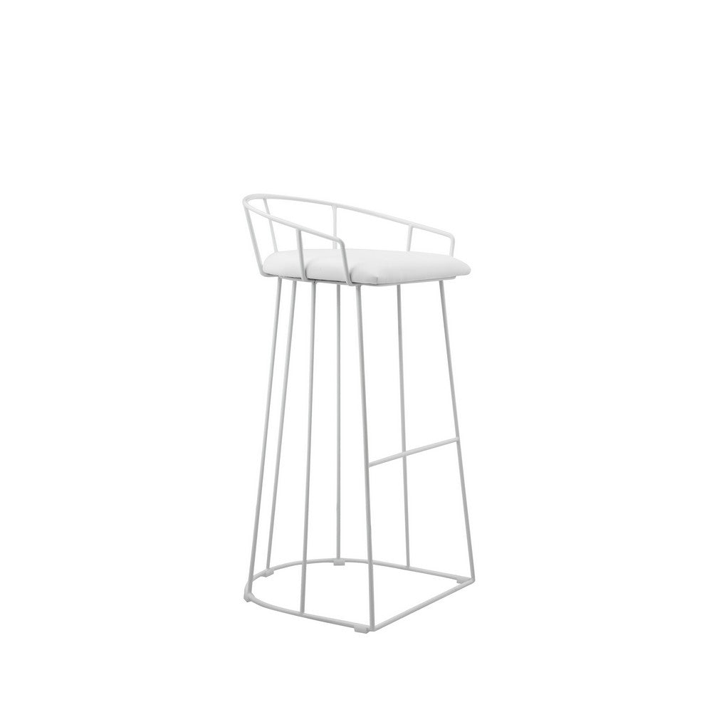 Benjara Cato 31 Inch Barstool, White Faux Leather Set, Low Back, Footrest, Metal
