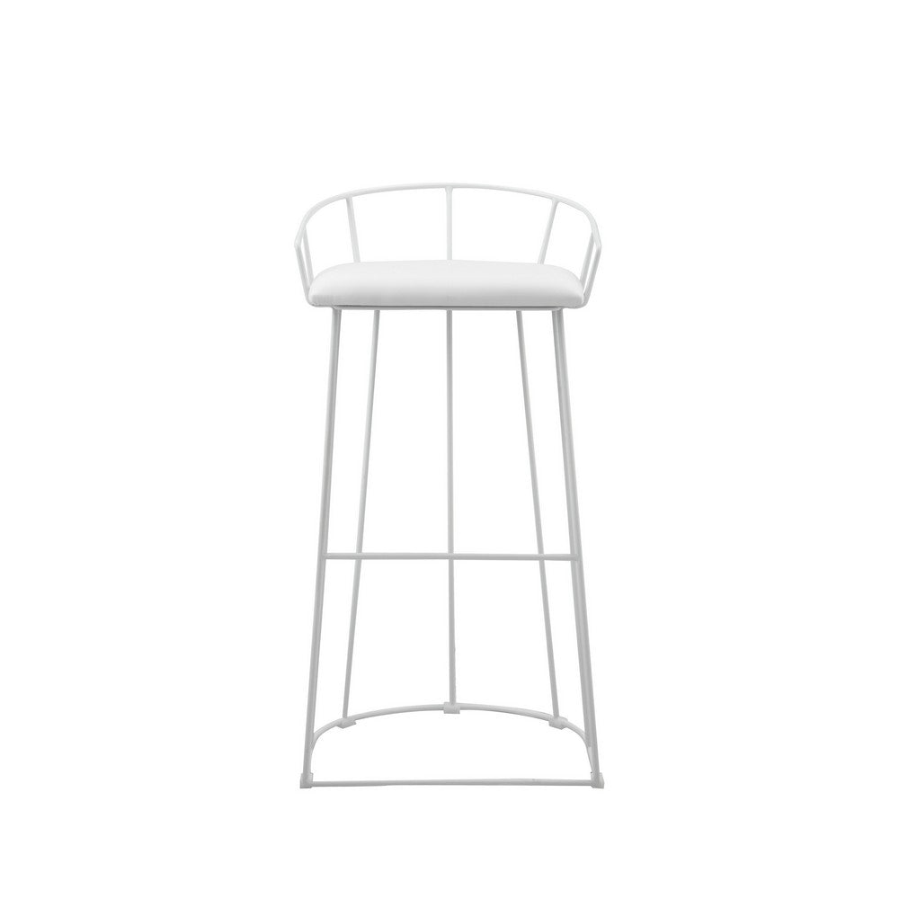 Benjara Cato 31 Inch Barstool, White Faux Leather Set, Low Back, Footrest, Metal