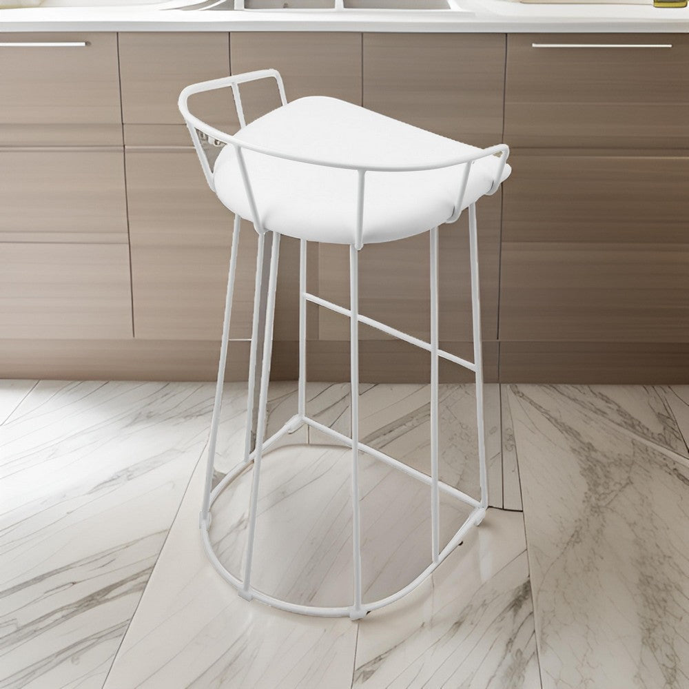 Benjara Cato 31 Inch Barstool, White Faux Leather Set, Low Back, Footrest, Metal