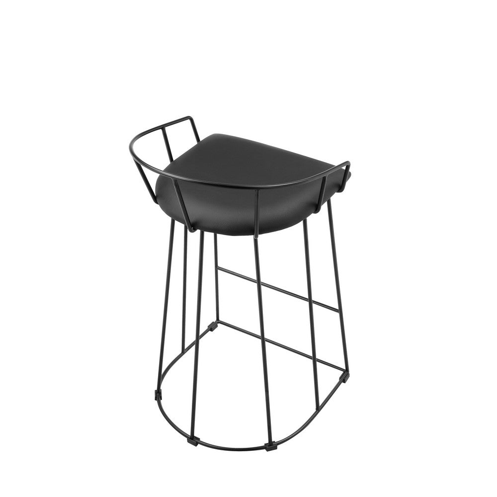 Benjara Cato 27 Inch Counter Stool, Black Faux Leather Set, Low Back, Metal Frame