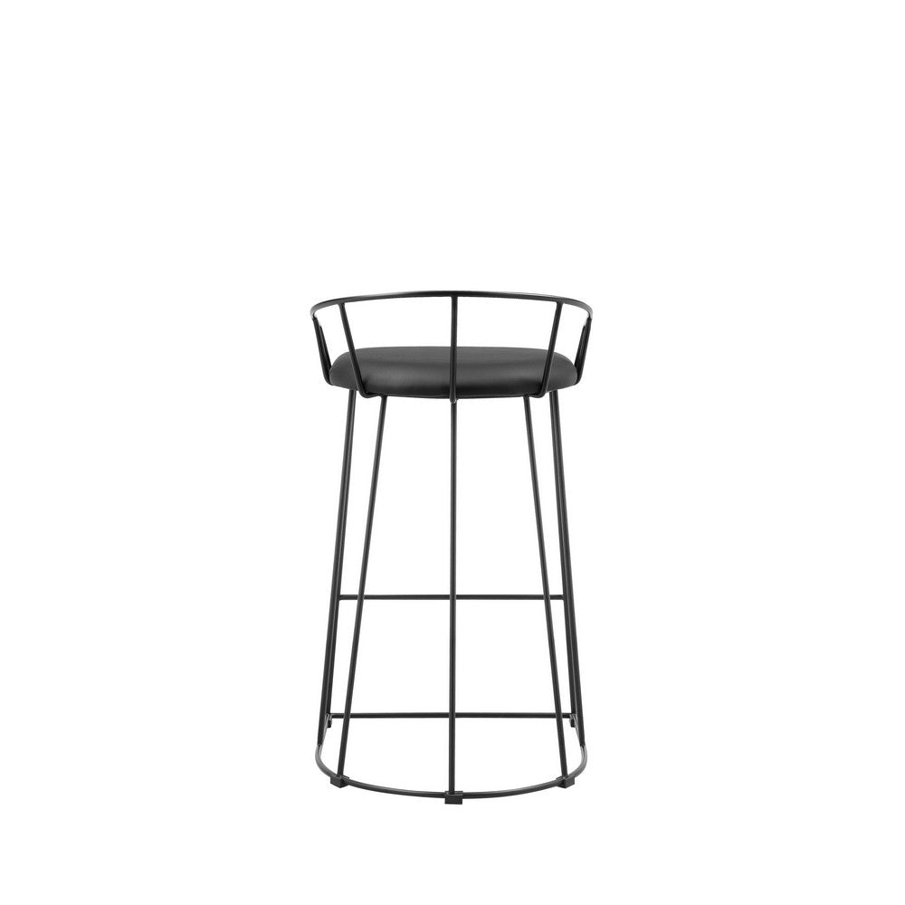Benjara Cato 27 Inch Counter Stool, Black Faux Leather Set, Low Back, Metal Frame