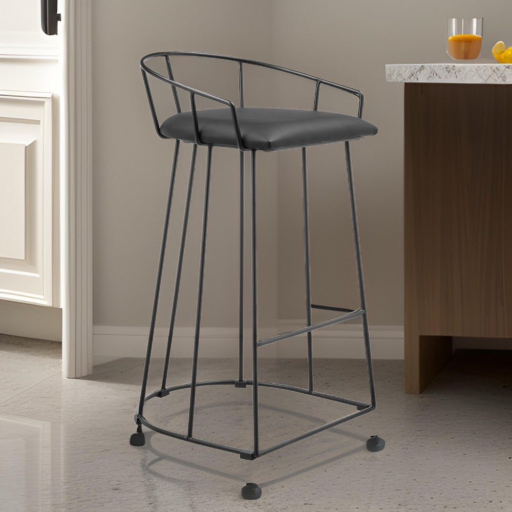 Benjara Cato 27 Inch Counter Stool, Black Faux Leather Set, Low Back, Metal Frame