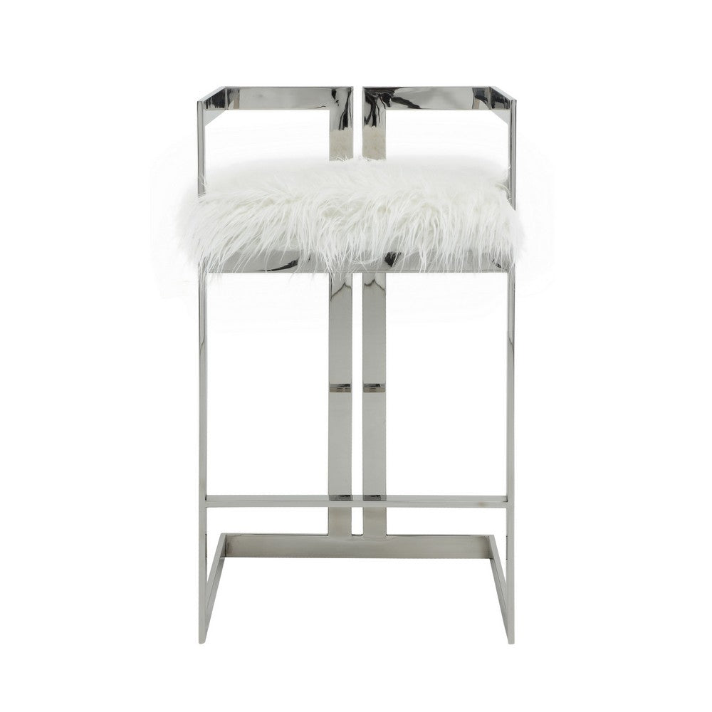 Benjara Suki 30 Inch Barstool Chair, White Faux Fur, Silver Stainless Steel Frame