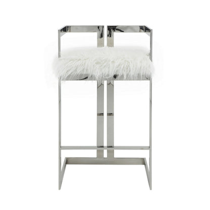 Benjara Suki 30 Inch Barstool Chair, White Faux Fur, Silver Stainless Steel Frame