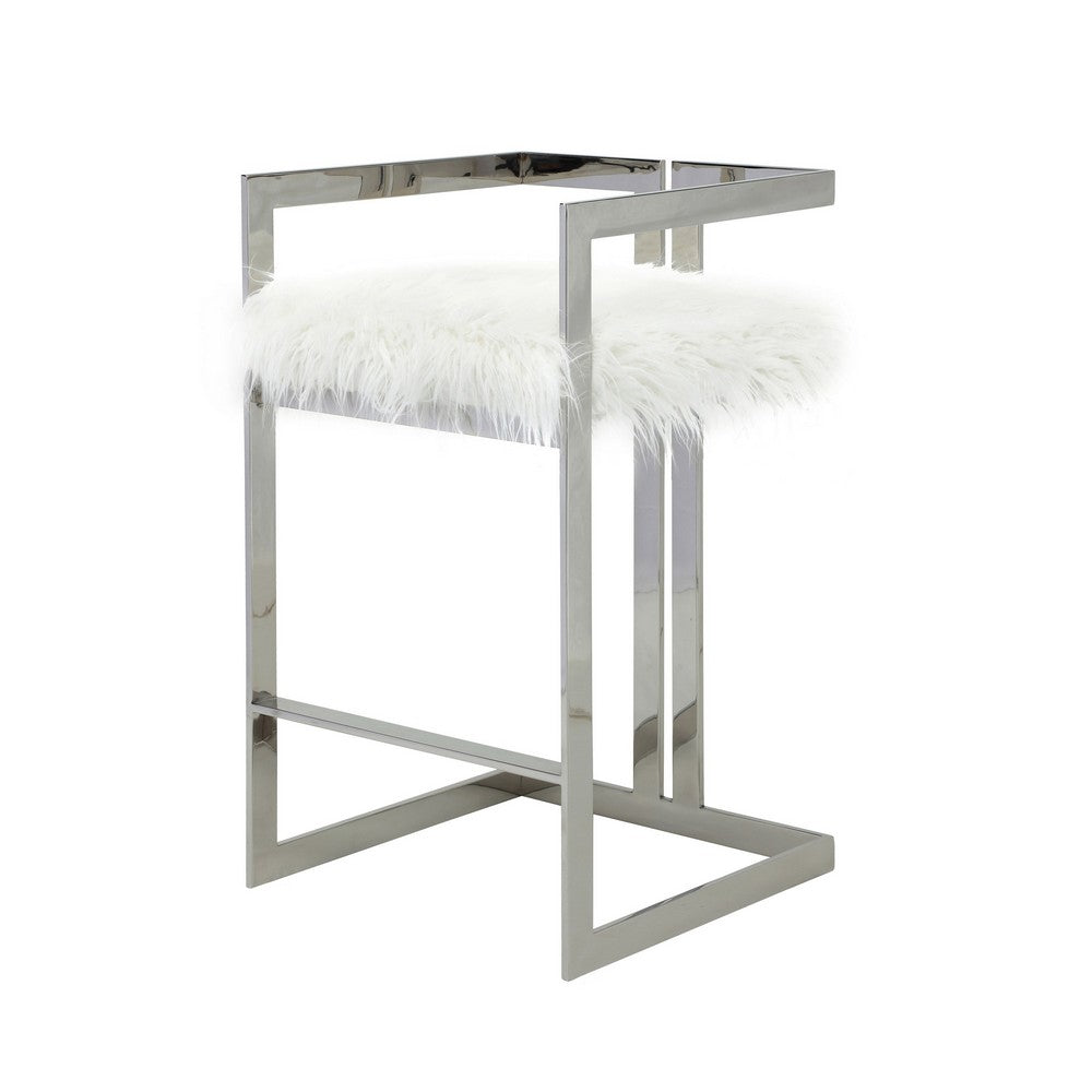 Benjara Suki 30 Inch Barstool Chair, White Faux Fur, Silver Stainless Steel Frame