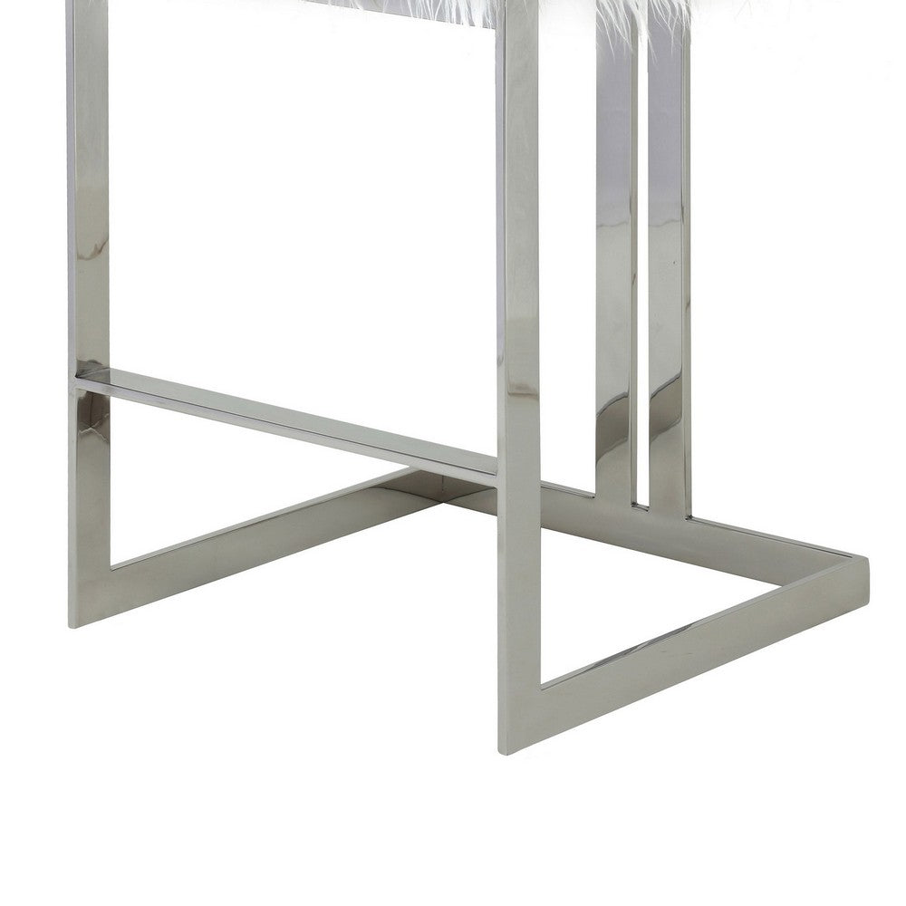 Benjara Suki 30 Inch Barstool Chair, White Faux Fur, Silver Stainless Steel Frame