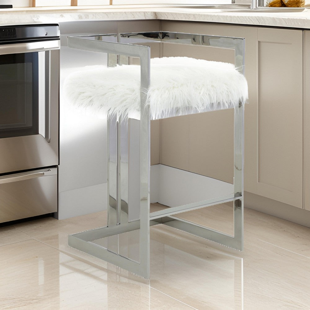 Benjara Suki 30 Inch Barstool Chair, White Faux Fur, Silver Stainless Steel Frame