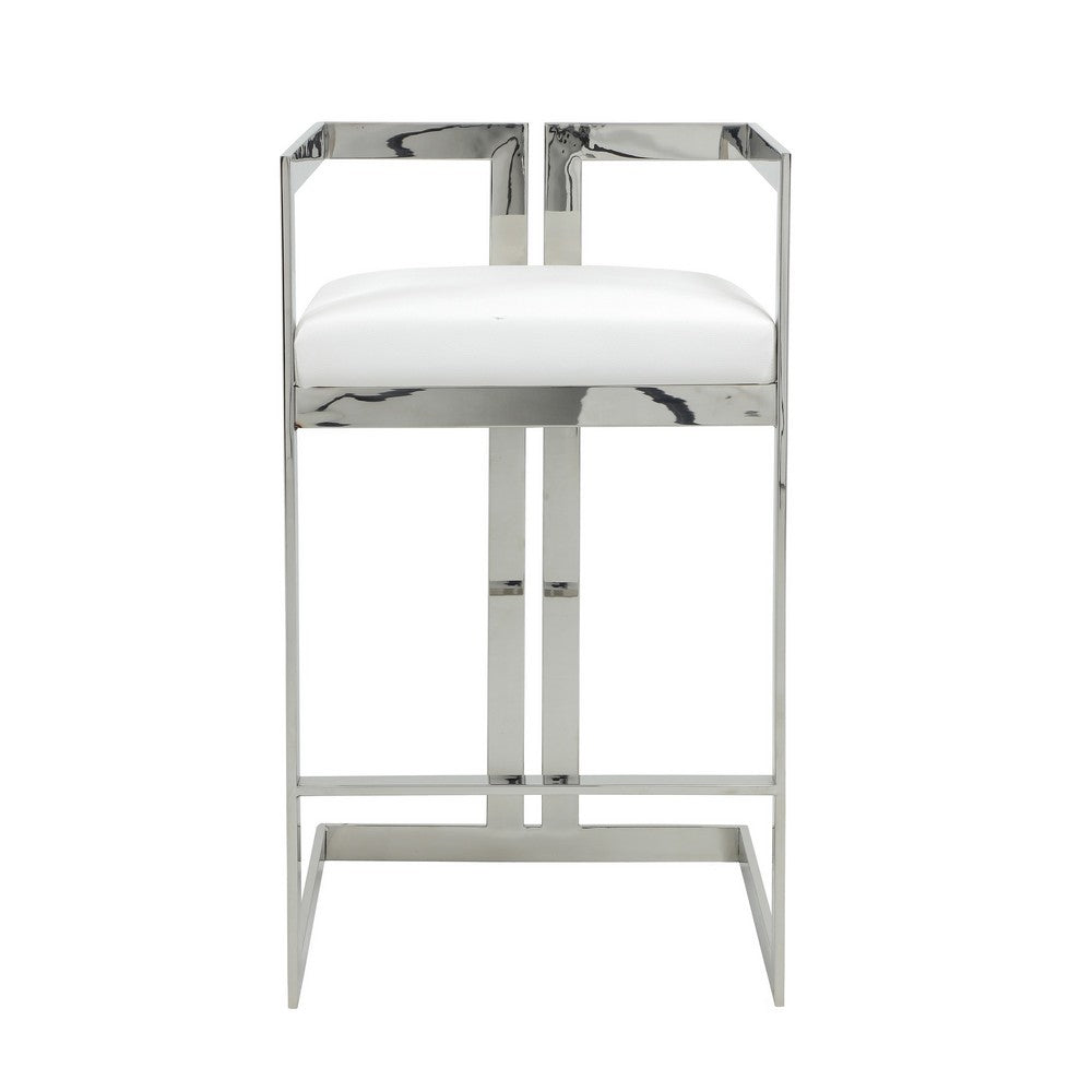Benjara Suki 30 Inch Barstool Chair, White Faux Leather, Silver Stainless Steel