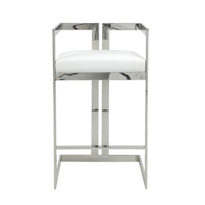 Benjara Suki 30 Inch Barstool Chair, White Faux Leather, Silver Stainless Steel