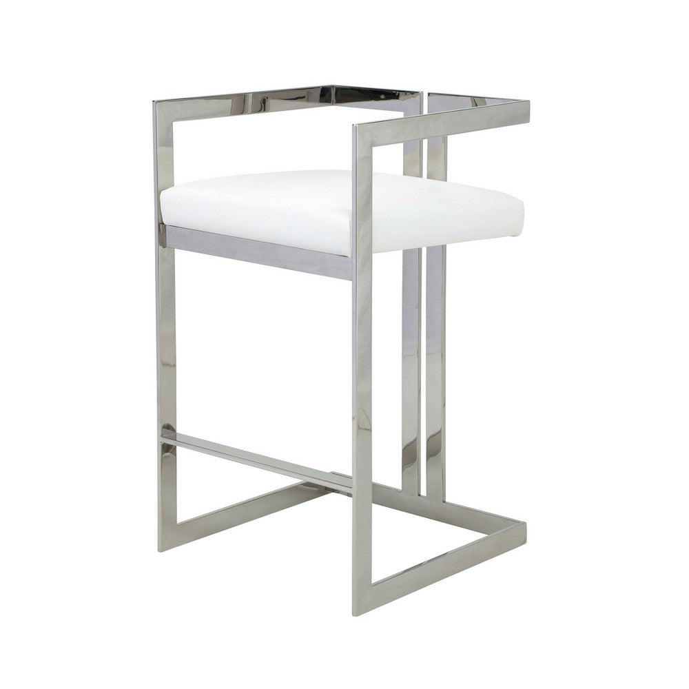 Benjara Suki 30 Inch Barstool Chair, White Faux Leather, Silver Stainless Steel