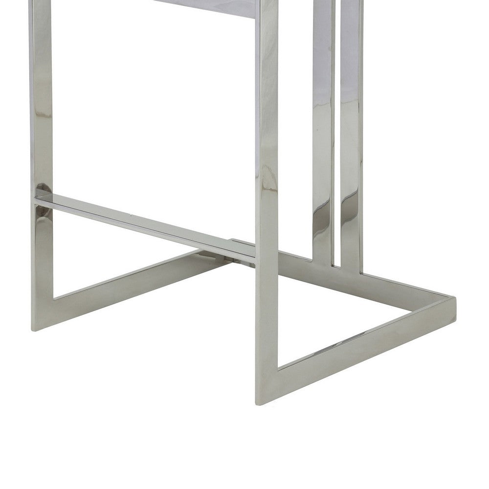 Benjara Suki 30 Inch Barstool Chair, White Faux Leather, Silver Stainless Steel