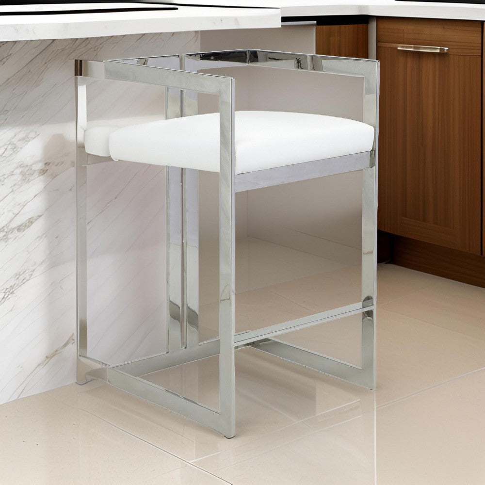 Benjara Suki 30 Inch Barstool Chair, White Faux Leather, Silver Stainless Steel