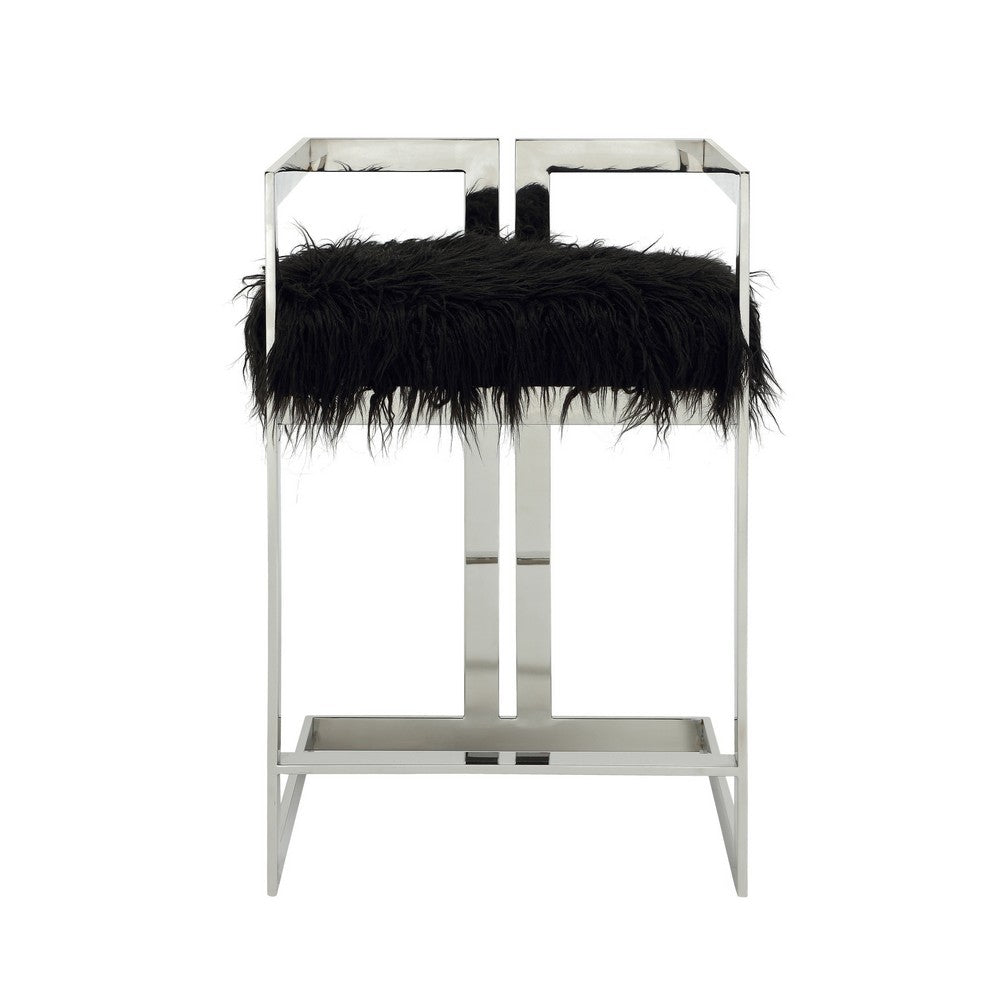 Benjara Suki 26 Inch Counter Stool Chair, Black Faux Fur, Silver Stainless Steel