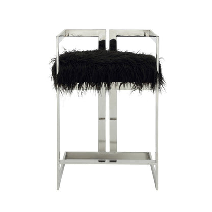 Benjara Suki 26 Inch Counter Stool Chair, Black Faux Fur, Silver Stainless Steel