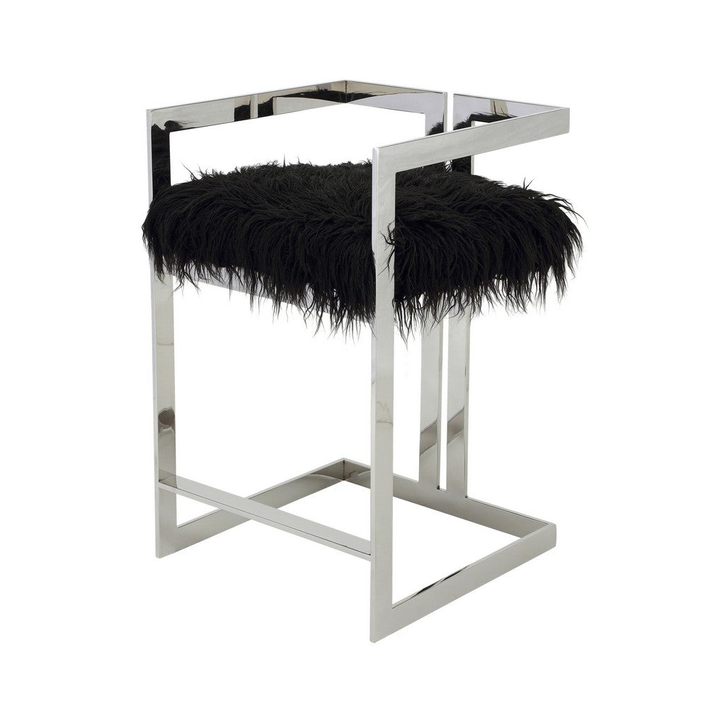 Benjara Suki 26 Inch Counter Stool Chair, Black Faux Fur, Silver Stainless Steel