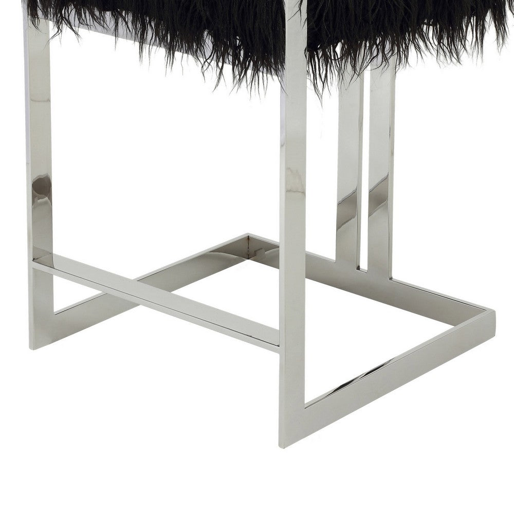 Benjara Suki 26 Inch Counter Stool Chair, Black Faux Fur, Silver Stainless Steel