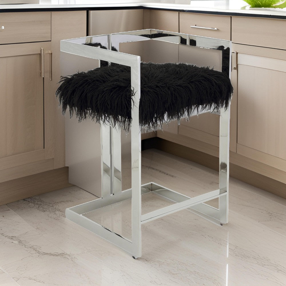 Benjara Suki 26 Inch Counter Stool Chair, Black Faux Fur, Silver Stainless Steel
