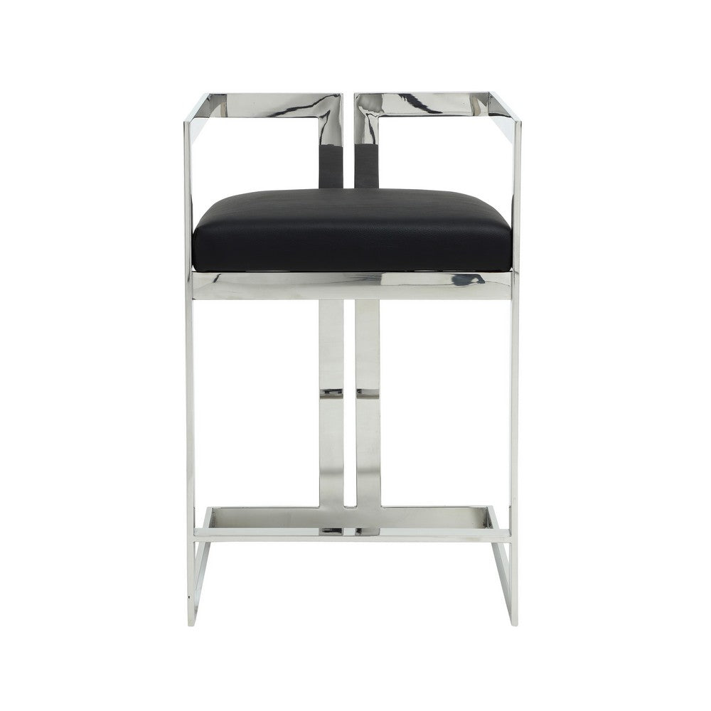 Benjara Suki 26 Inch Counter Stool Chair, Black Faux Leather Silver Stainless Steel