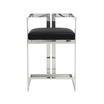 Benjara Suki 26 Inch Counter Stool Chair, Black Faux Leather Silver Stainless Steel