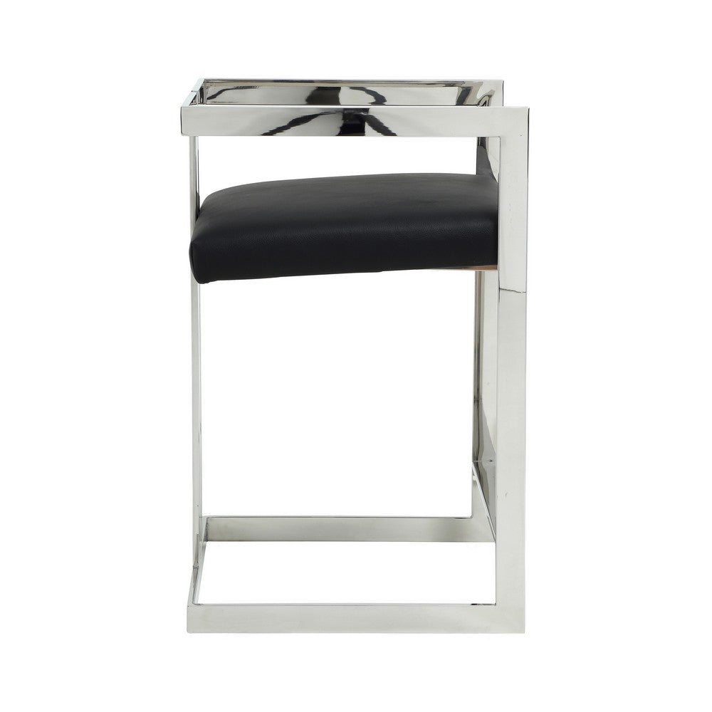 Benjara Suki 26 Inch Counter Stool Chair, Black Faux Leather Silver Stainless Steel