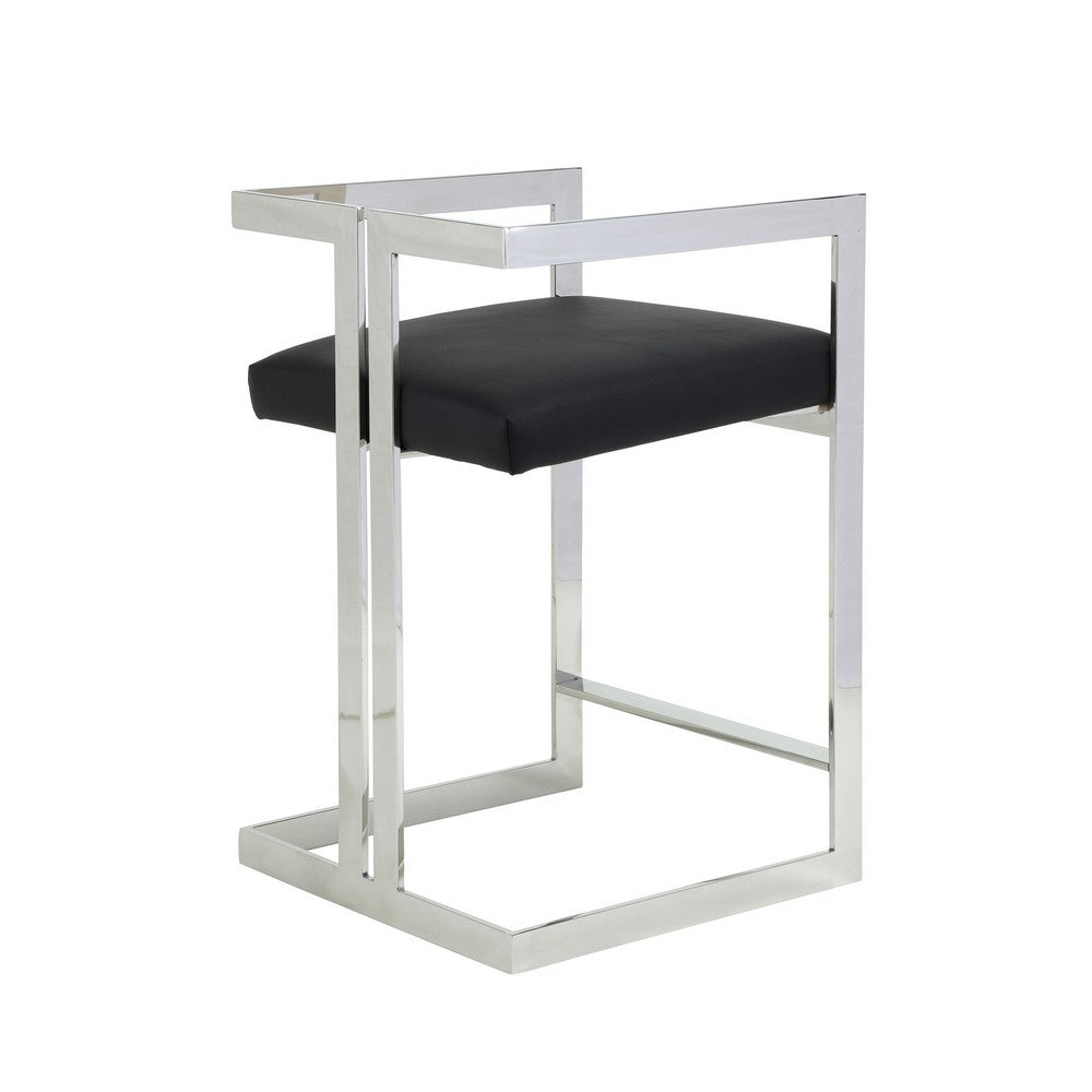 Benjara Suki 26 Inch Counter Stool Chair, Black Faux Leather Silver Stainless Steel
