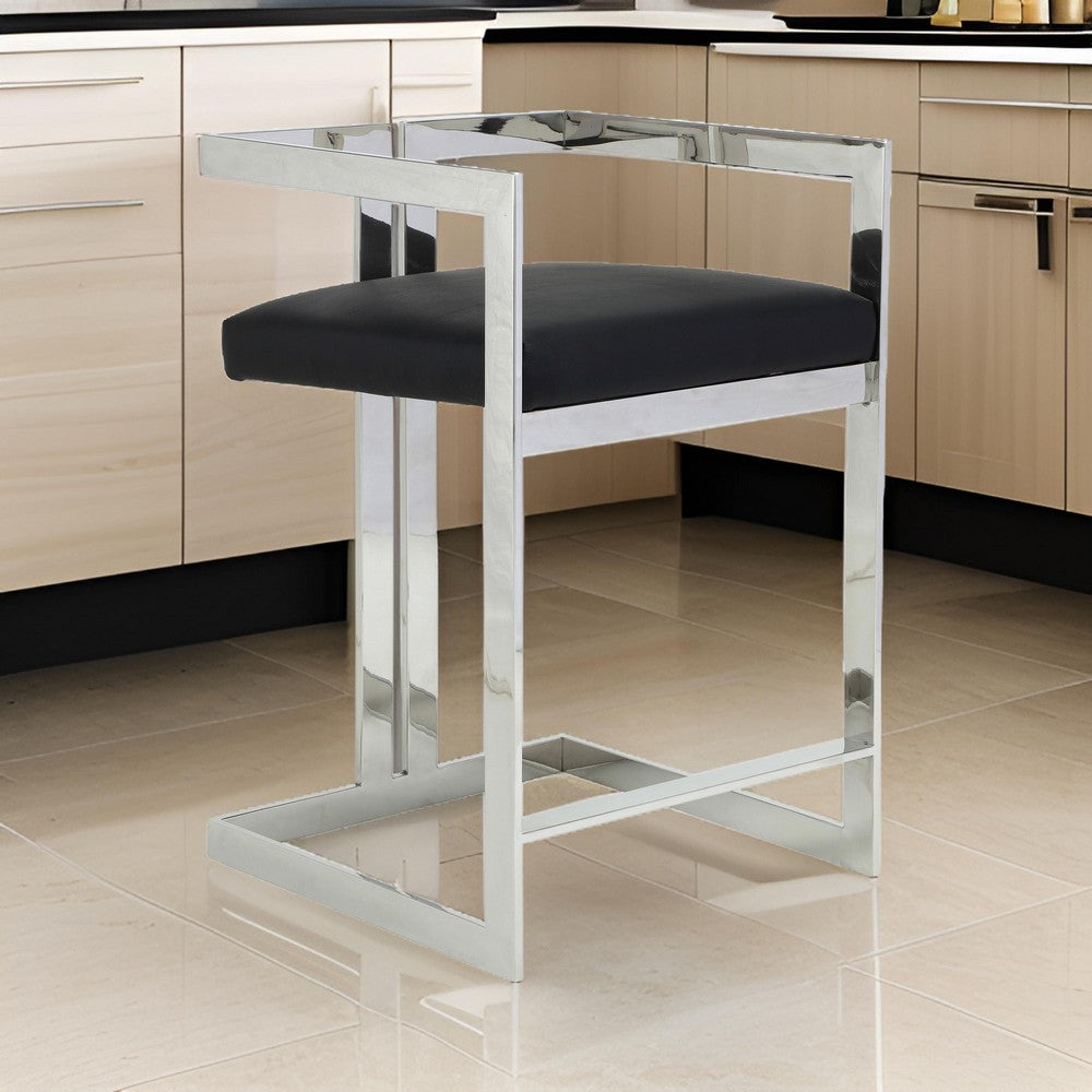 Benjara Suki 26 Inch Counter Stool Chair, Black Faux Leather Silver Stainless Steel