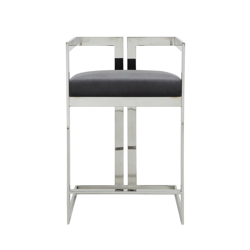 Benjara Suki 26 Inch Counter Stool Chair, Gray Velvet, Silver Stainless Steel Frame