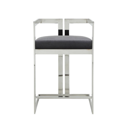 Benjara Suki 26 Inch Counter Stool Chair, Gray Velvet, Silver Stainless Steel Frame