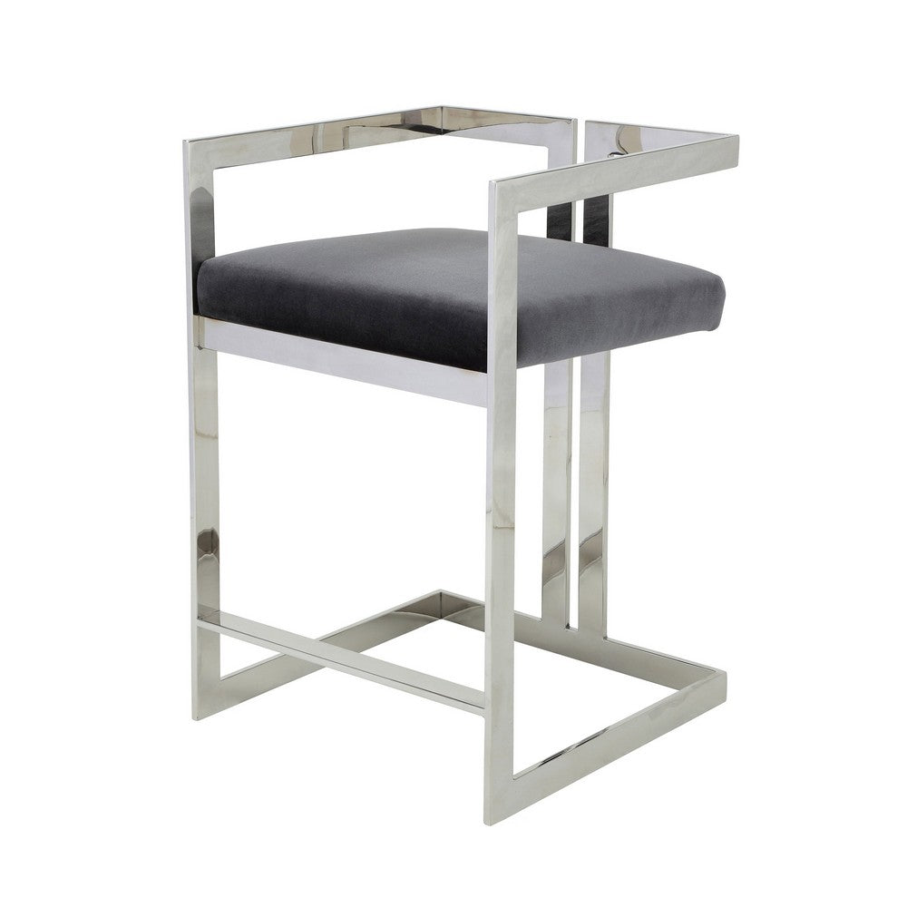 Benjara Suki 26 Inch Counter Stool Chair, Gray Velvet, Silver Stainless Steel Frame