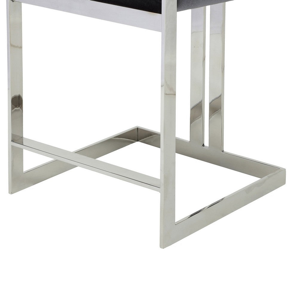 Benjara Suki 26 Inch Counter Stool Chair, Gray Velvet, Silver Stainless Steel Frame