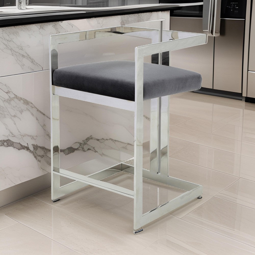 Benjara Suki 26 Inch Counter Stool Chair, Gray Velvet, Silver Stainless Steel Frame