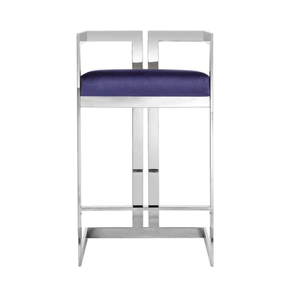 Benjara Suki 26 Inch Counter Stool Chair, Navy Velvet, Silver Stainless Steel Frame