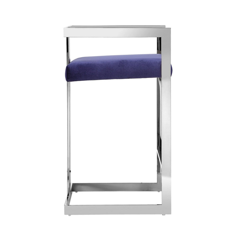 Benjara Suki 26 Inch Counter Stool Chair, Navy Velvet, Silver Stainless Steel Frame
