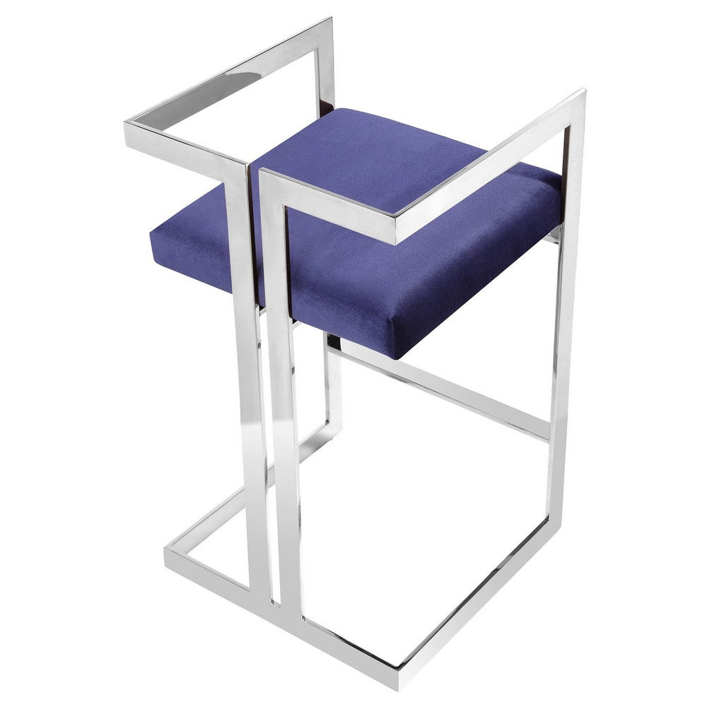 Benjara Suki 26 Inch Counter Stool Chair, Navy Velvet, Silver Stainless Steel Frame
