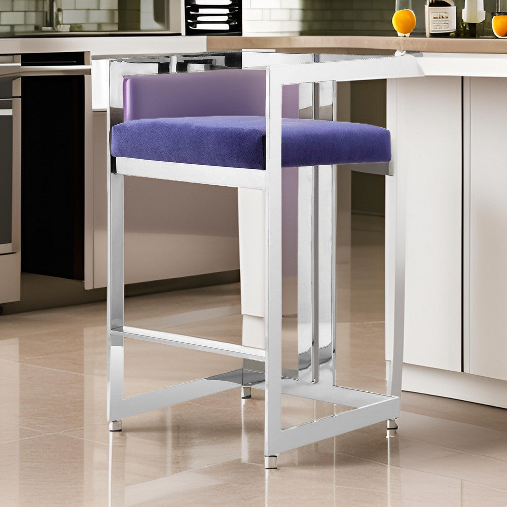 Benjara Suki 26 Inch Counter Stool Chair, Navy Velvet, Silver Stainless Steel Frame