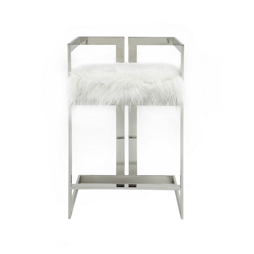Benjara Suki 26 Inch Counter Stool Chair, White Faux Fur, Silver Stainless Steel
