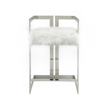 Benjara Suki 26 Inch Counter Stool Chair, White Faux Fur, Silver Stainless Steel