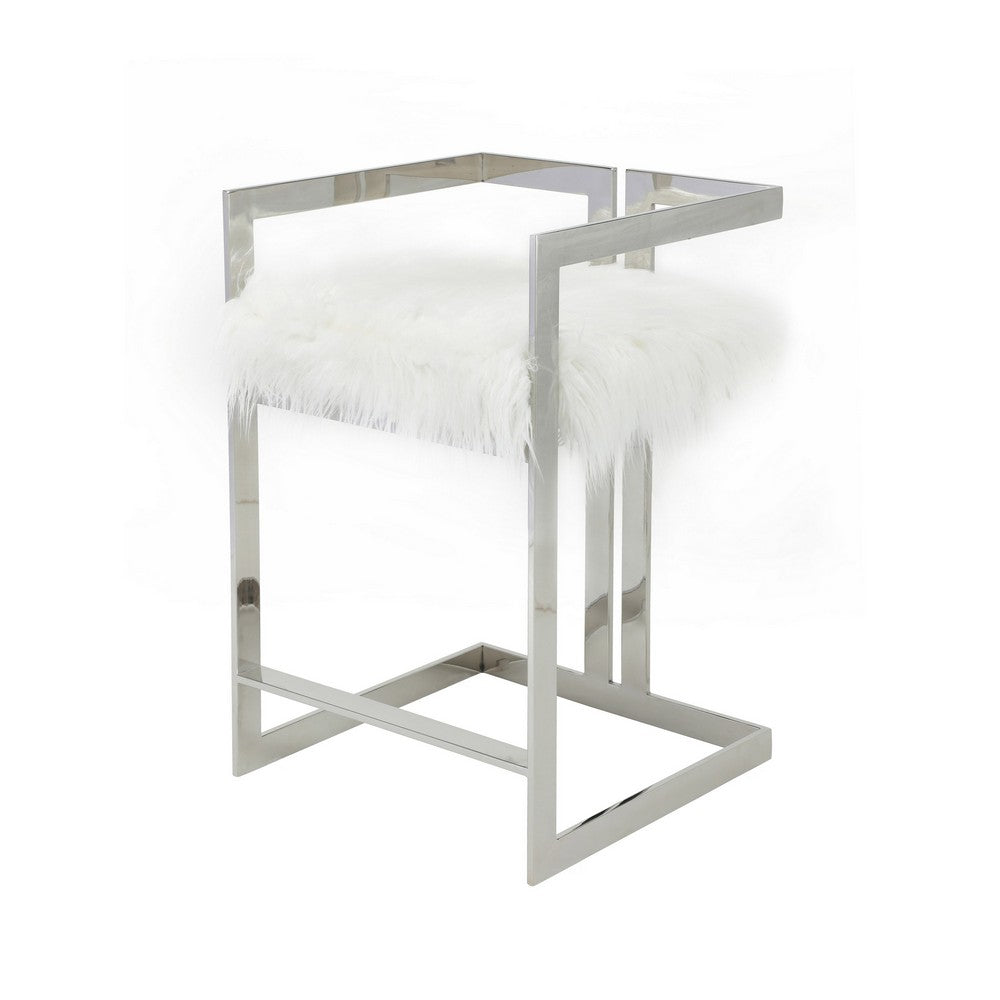 Benjara Suki 26 Inch Counter Stool Chair, White Faux Fur, Silver Stainless Steel