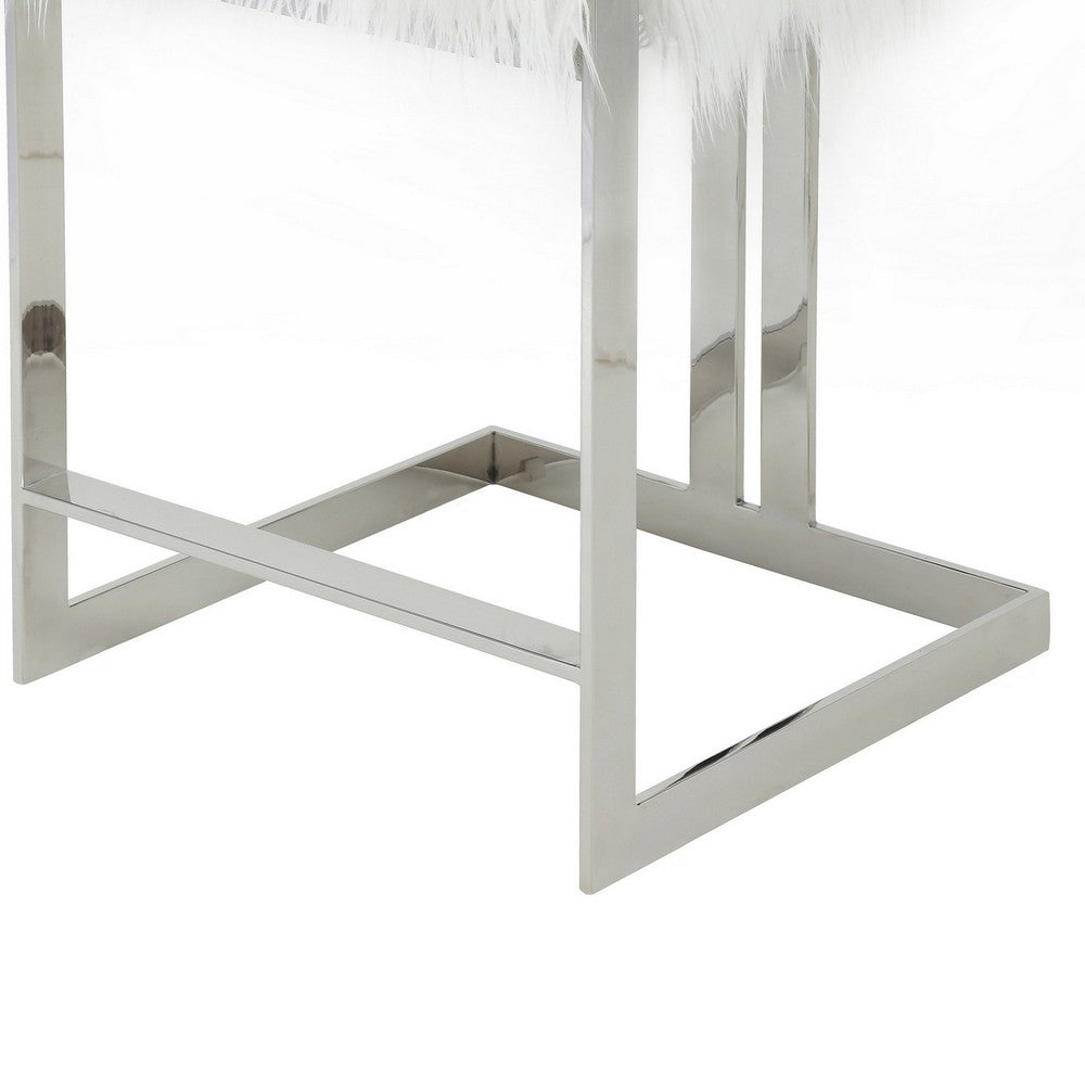 Benjara Suki 26 Inch Counter Stool Chair, White Faux Fur, Silver Stainless Steel
