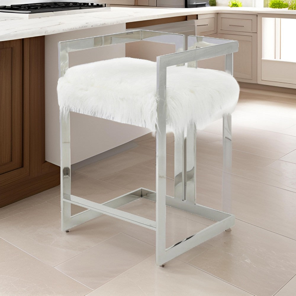 Benjara Suki 26 Inch Counter Stool Chair, White Faux Fur, Silver Stainless Steel