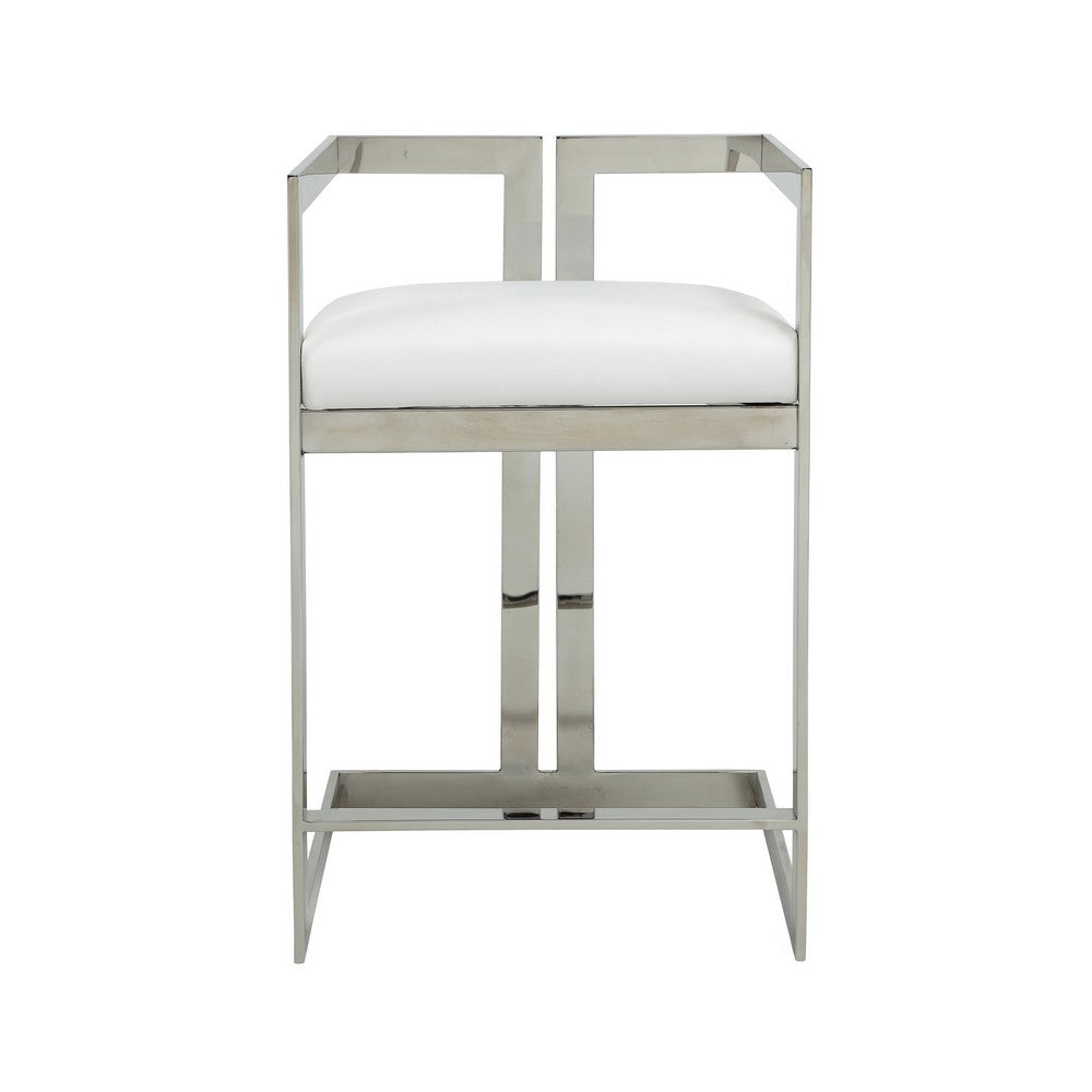 Benjara Suki 26 Inch Counter Stool Chair, White Faux Leather, Stainless Steel
