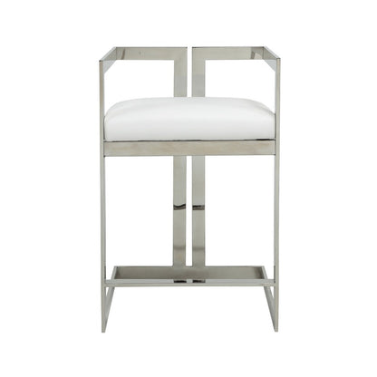 Benjara Suki 26 Inch Counter Stool Chair, White Faux Leather, Stainless Steel