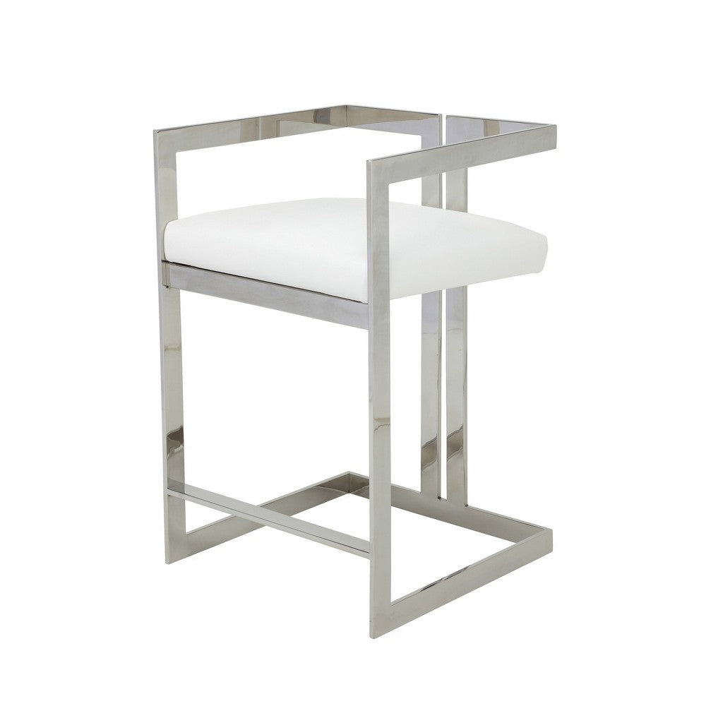Benjara Suki 26 Inch Counter Stool Chair, White Faux Leather, Stainless Steel