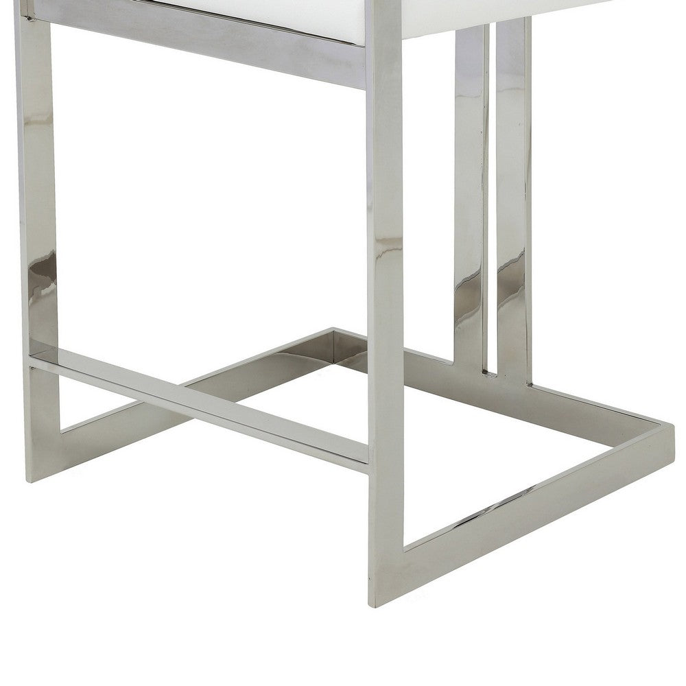 Benjara Suki 26 Inch Counter Stool Chair, White Faux Leather, Stainless Steel