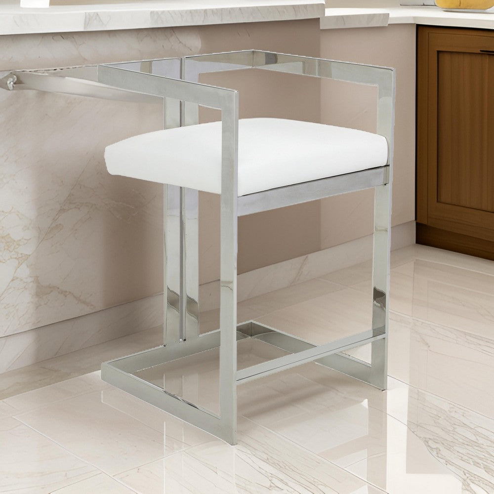 Benjara Suki 26 Inch Counter Stool Chair, White Faux Leather, Stainless Steel