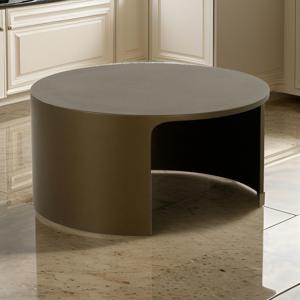 Benjara Cid Cody Coffee Table, 32 Inch Round Top, Open Base, Olive Brown Finish