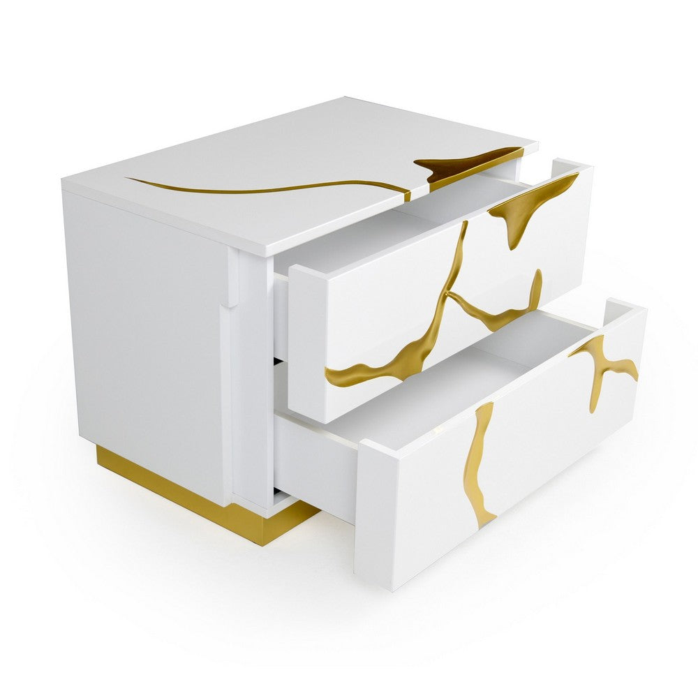 Benjara Cid Exie 28 Inch Nightstand, 2 Drawers, Gold Accent Branch Style White Wood