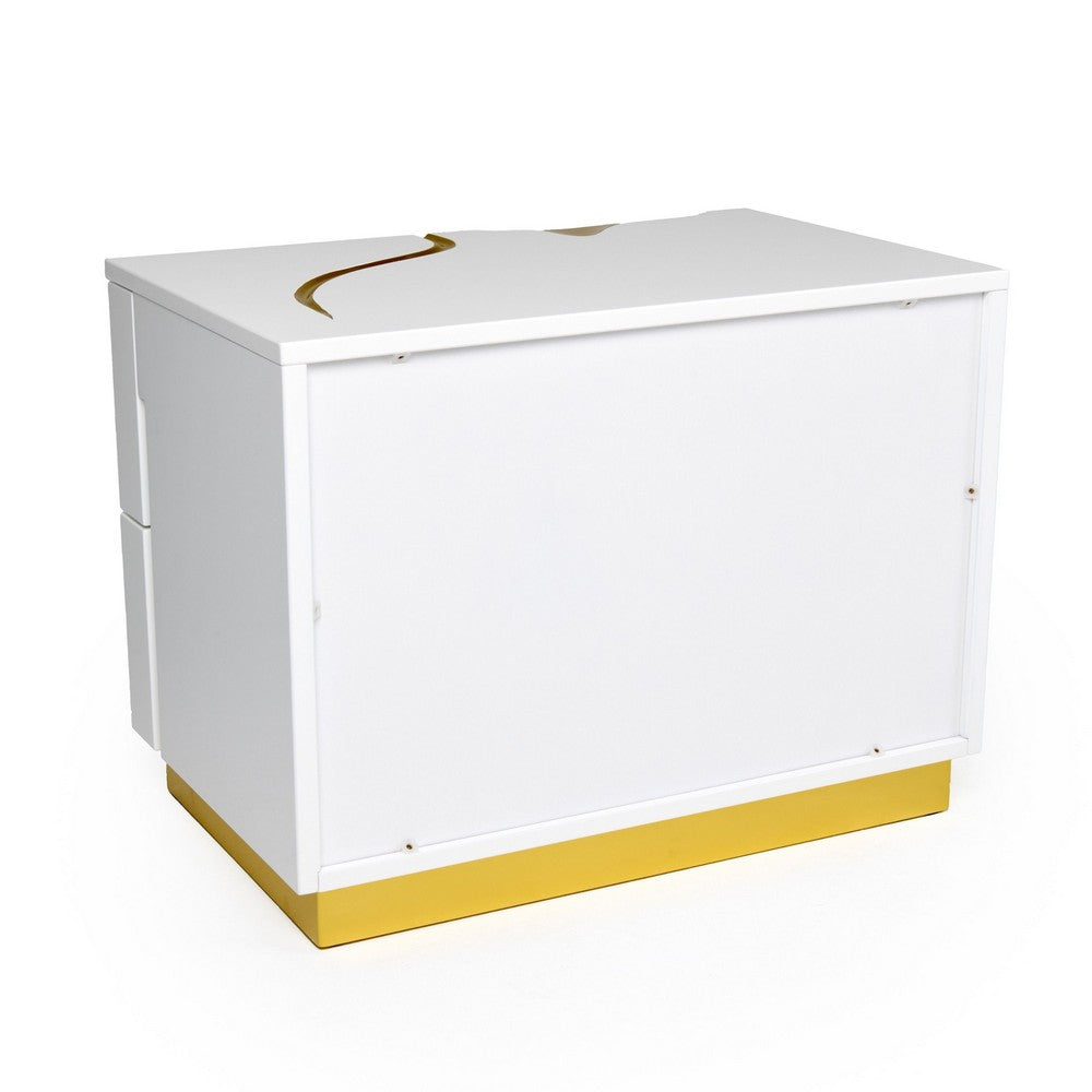 Benjara Cid Exie 28 Inch Nightstand, 2 Drawers, Gold Accent Branch Style White Wood
