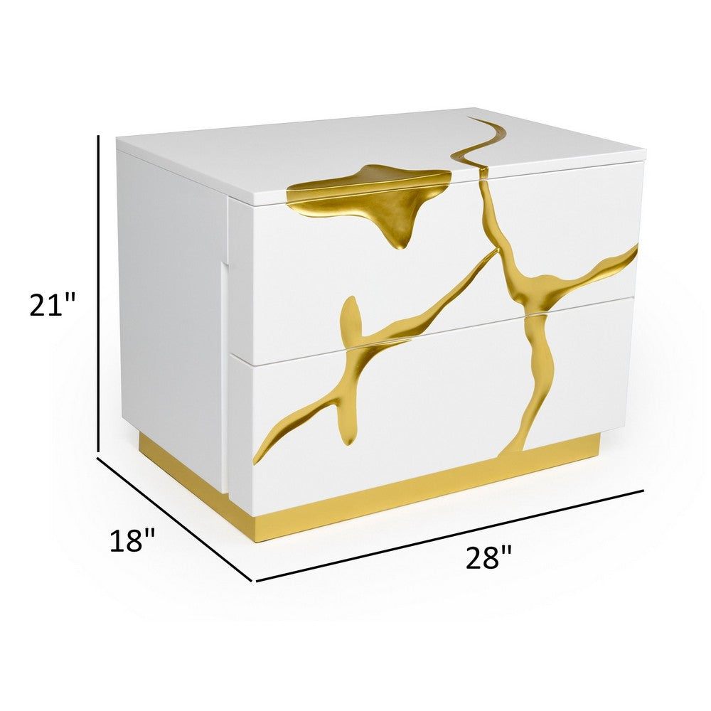 Benjara Cid Exie 28 Inch Nightstand, 2 Drawers, Gold Accent Branch Style White Wood